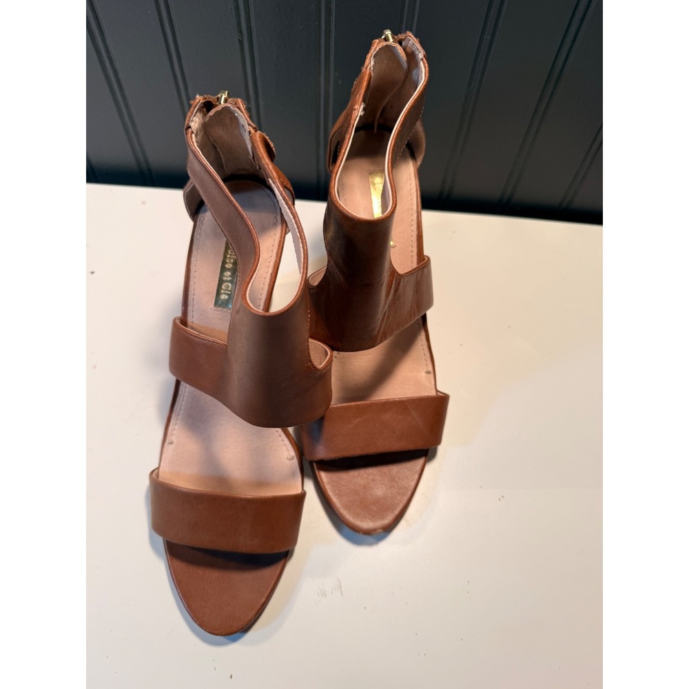 Louise et Cie Brown Leather Wedge Sandals Cutout Back Zip Womens 9M 39